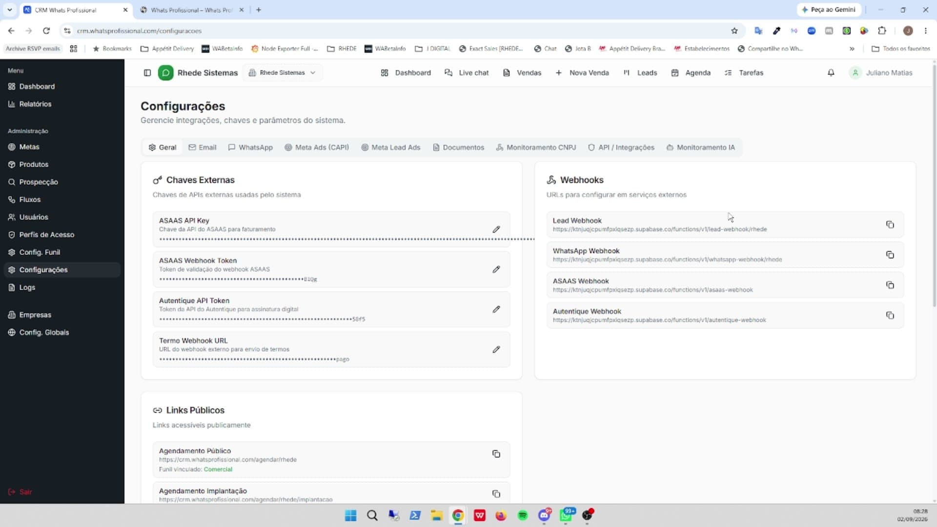 Tela de Configuração de funil no CRM WhatsProfissional