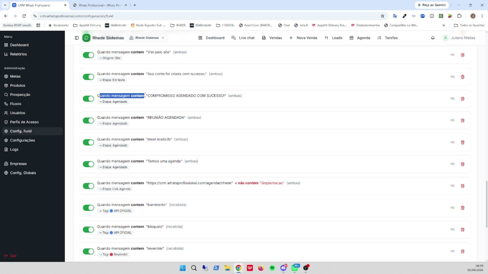 Tela de Regras conversacionais no CRM WhatsProfissional