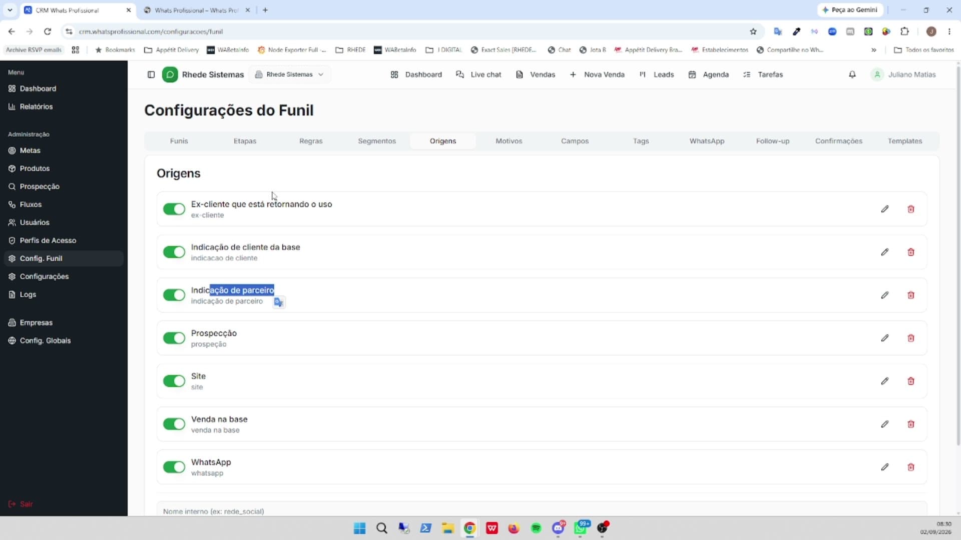Tela de Segmentos e origens no CRM WhatsProfissional