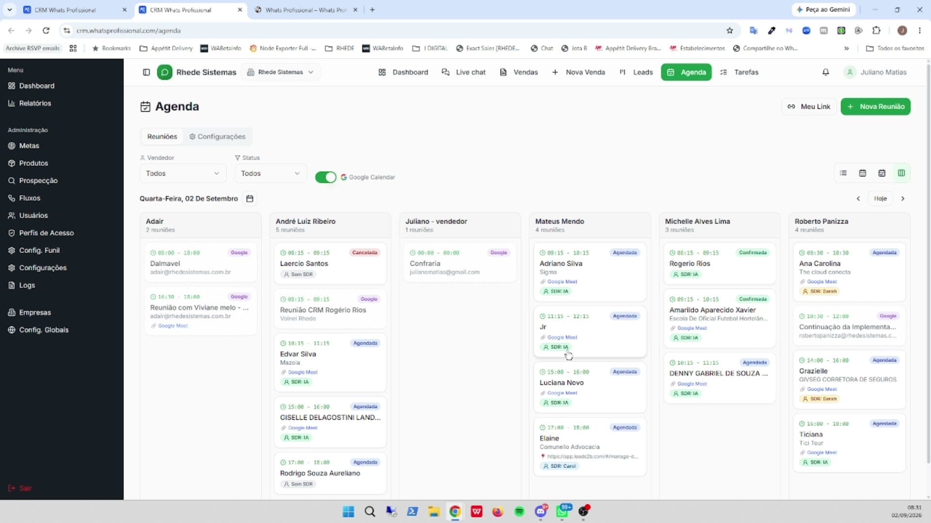 Tela de Agenda no CRM WhatsProfissional
