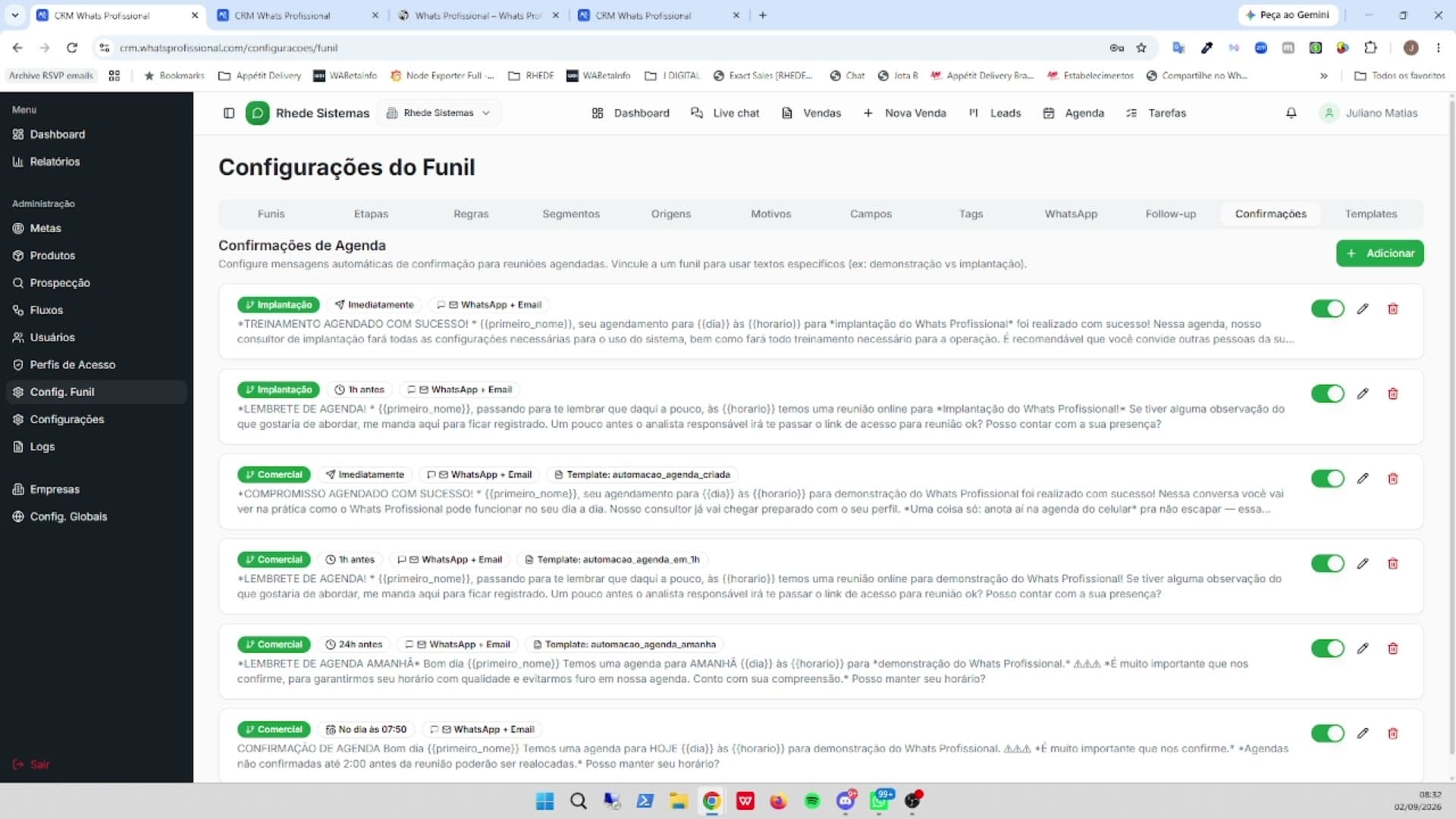 Tela de Confirmações de agenda no CRM WhatsProfissional