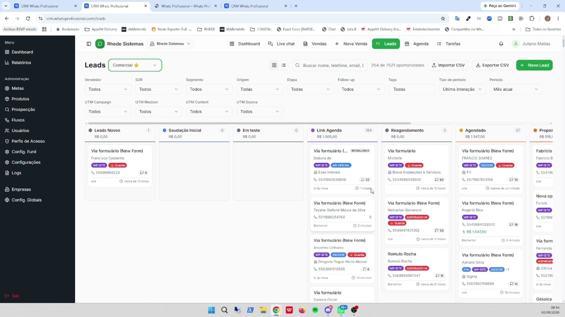 Tela de Funil de vendas no CRM WhatsProfissional