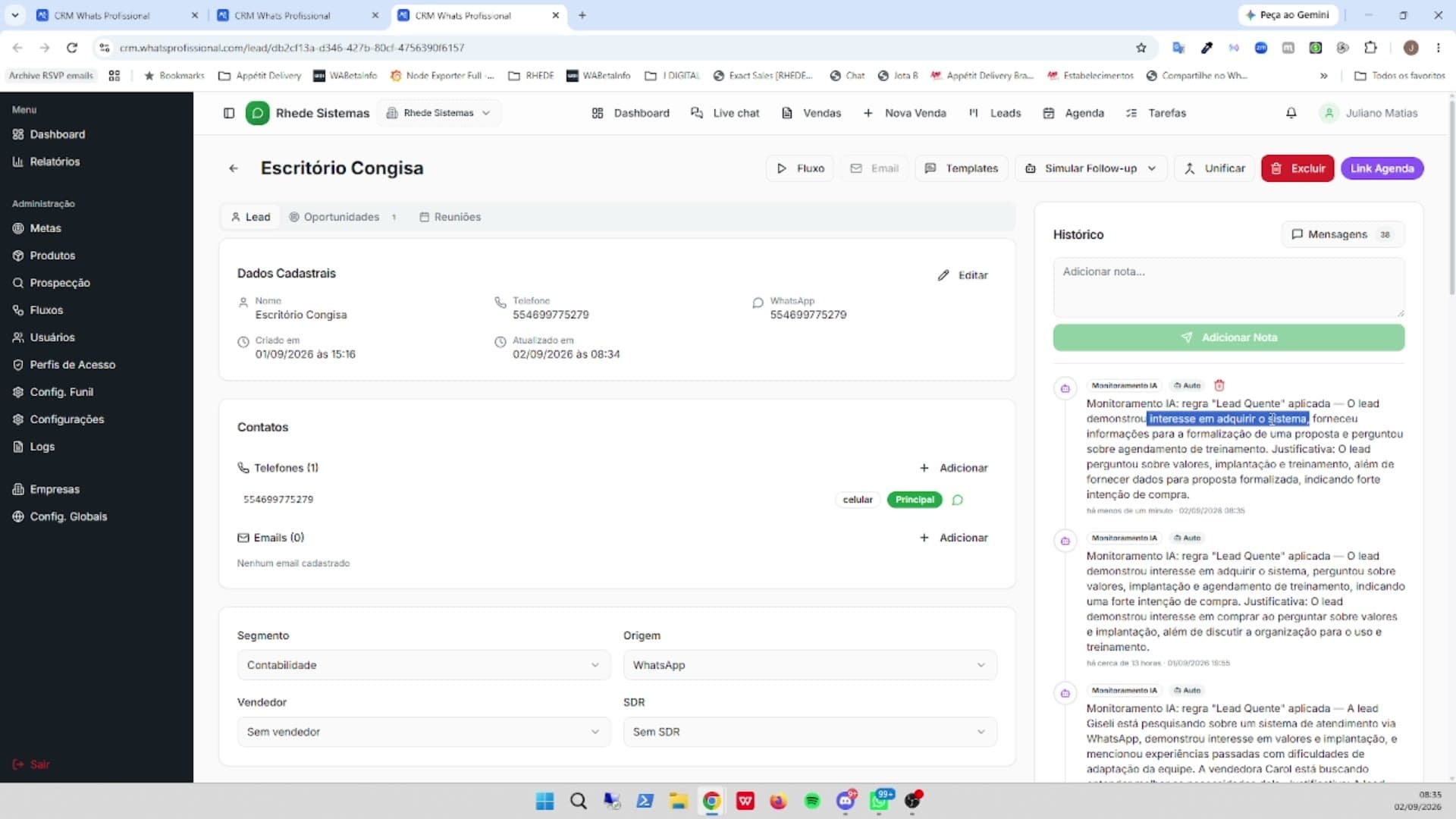 Tela de Ficha do lead no CRM WhatsProfissional