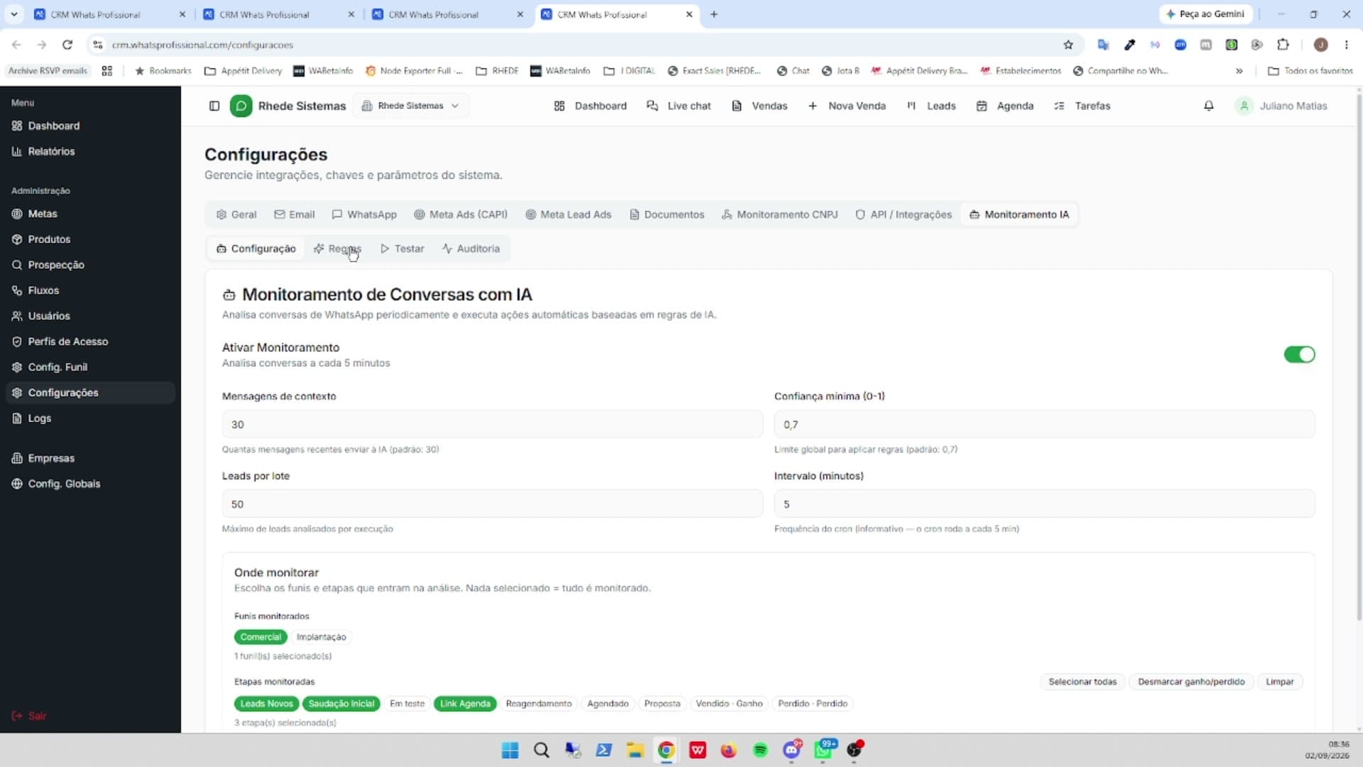 Tela de Qualificação automática com IA no CRM WhatsProfissional