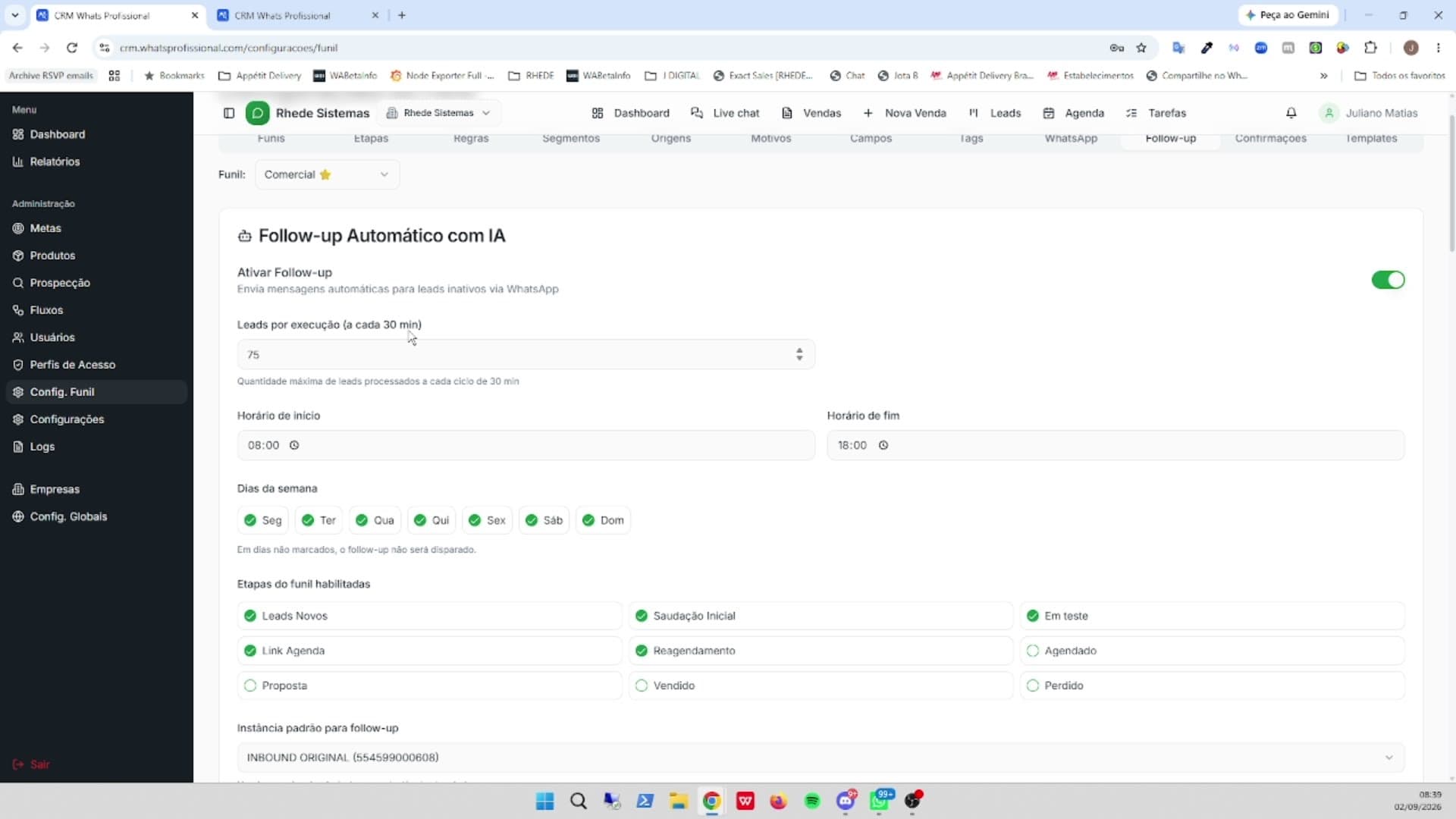 Tela de Follow-up automático com IA no CRM WhatsProfissional