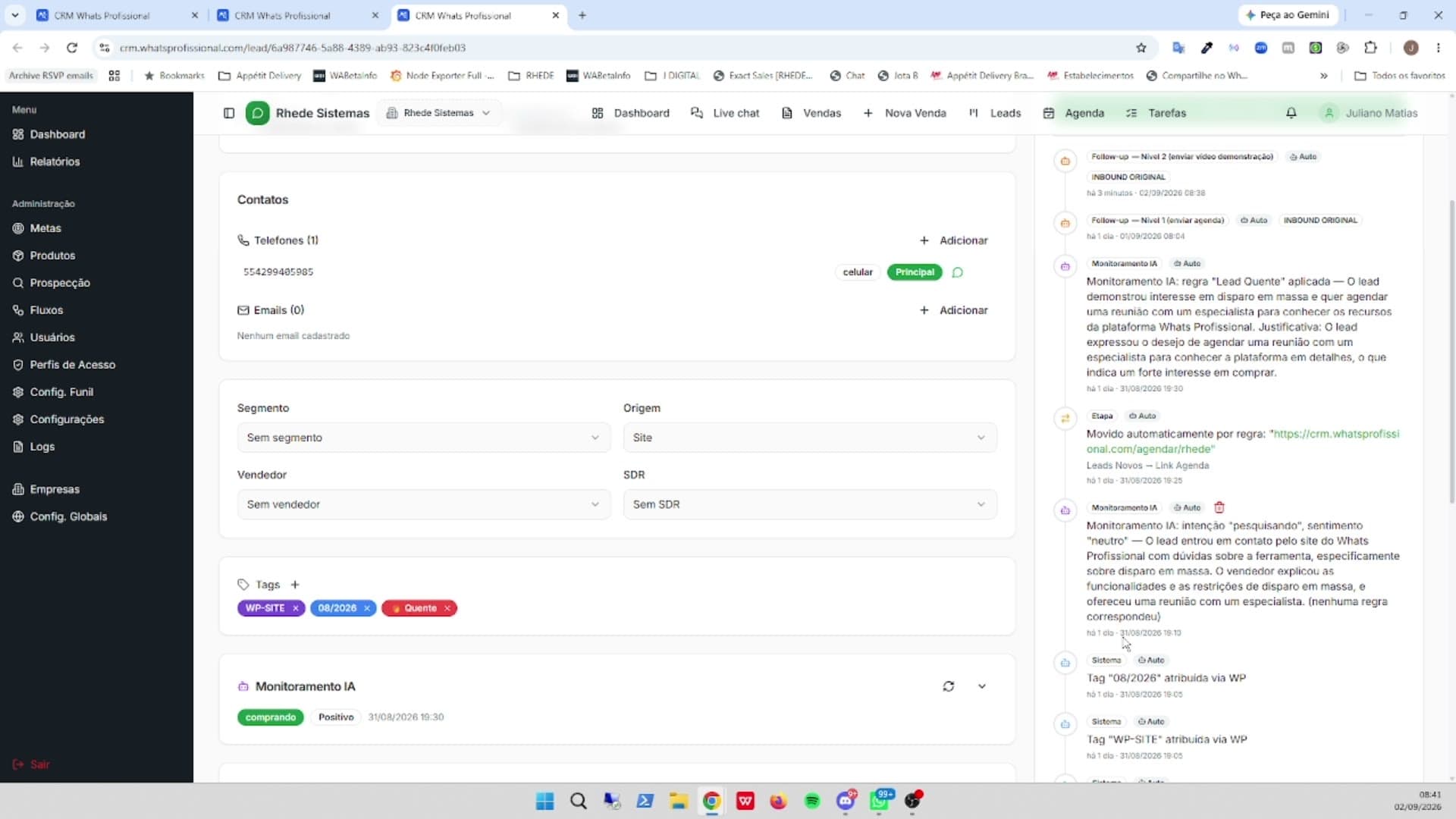 Tela de Histórico do lead no CRM WhatsProfissional