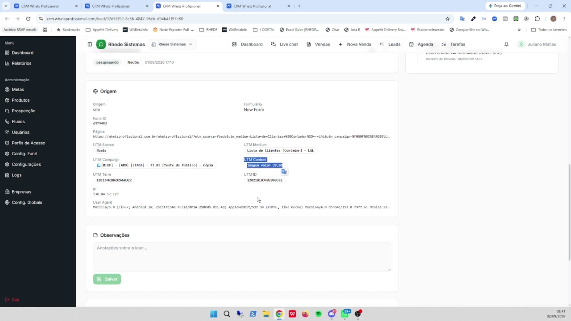 Tela de Origem e UTM por lead no CRM WhatsProfissional