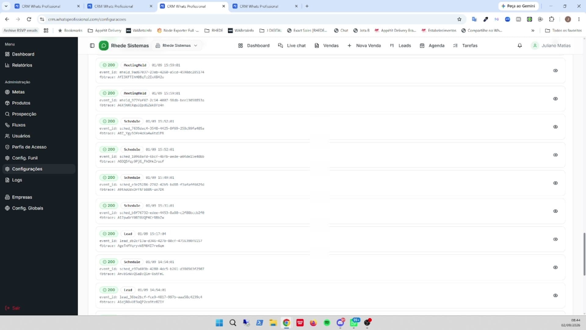 Tela de Conversões para a Meta no CRM WhatsProfissional