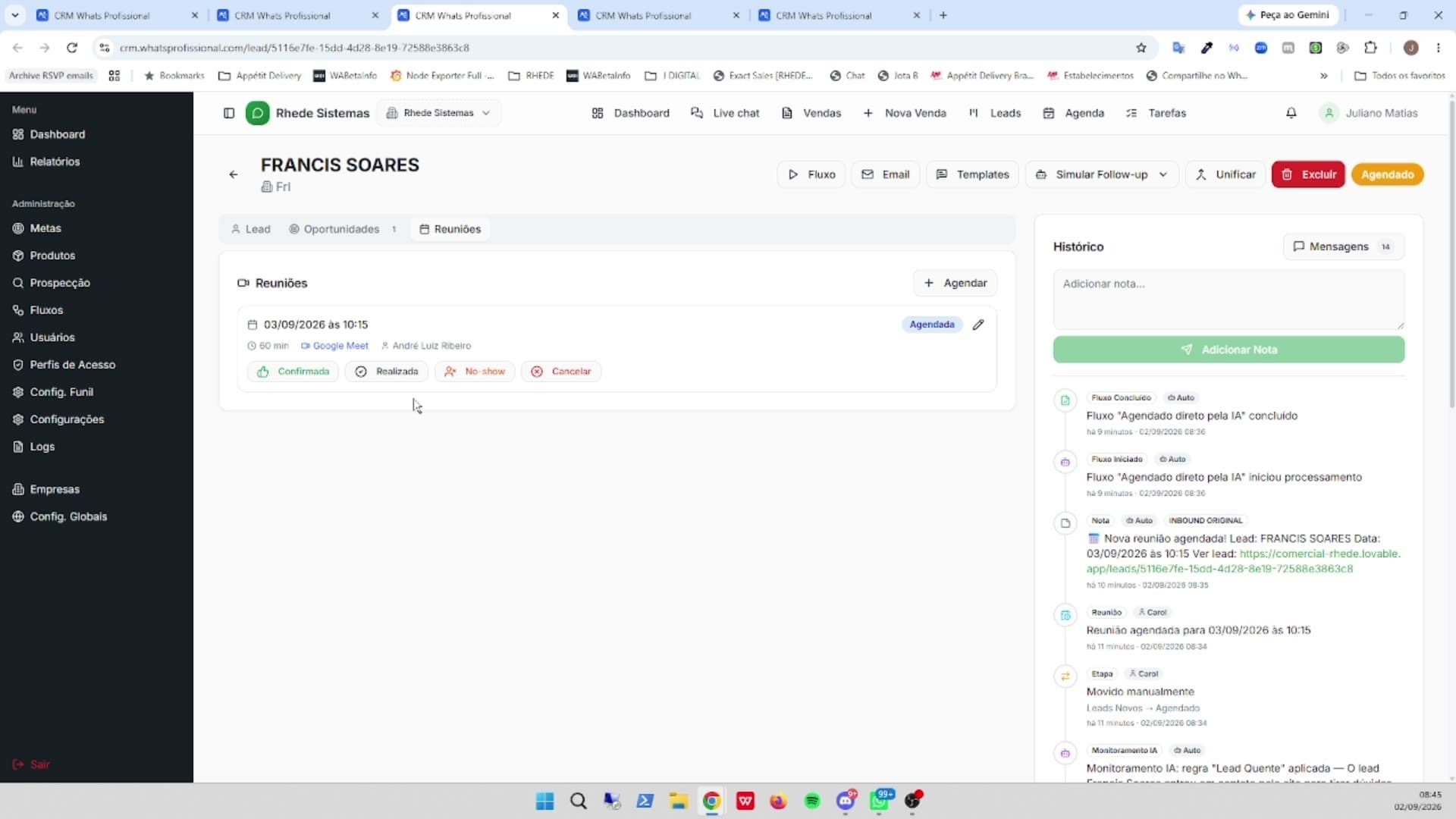 Tela de Controle de reunião no CRM WhatsProfissional