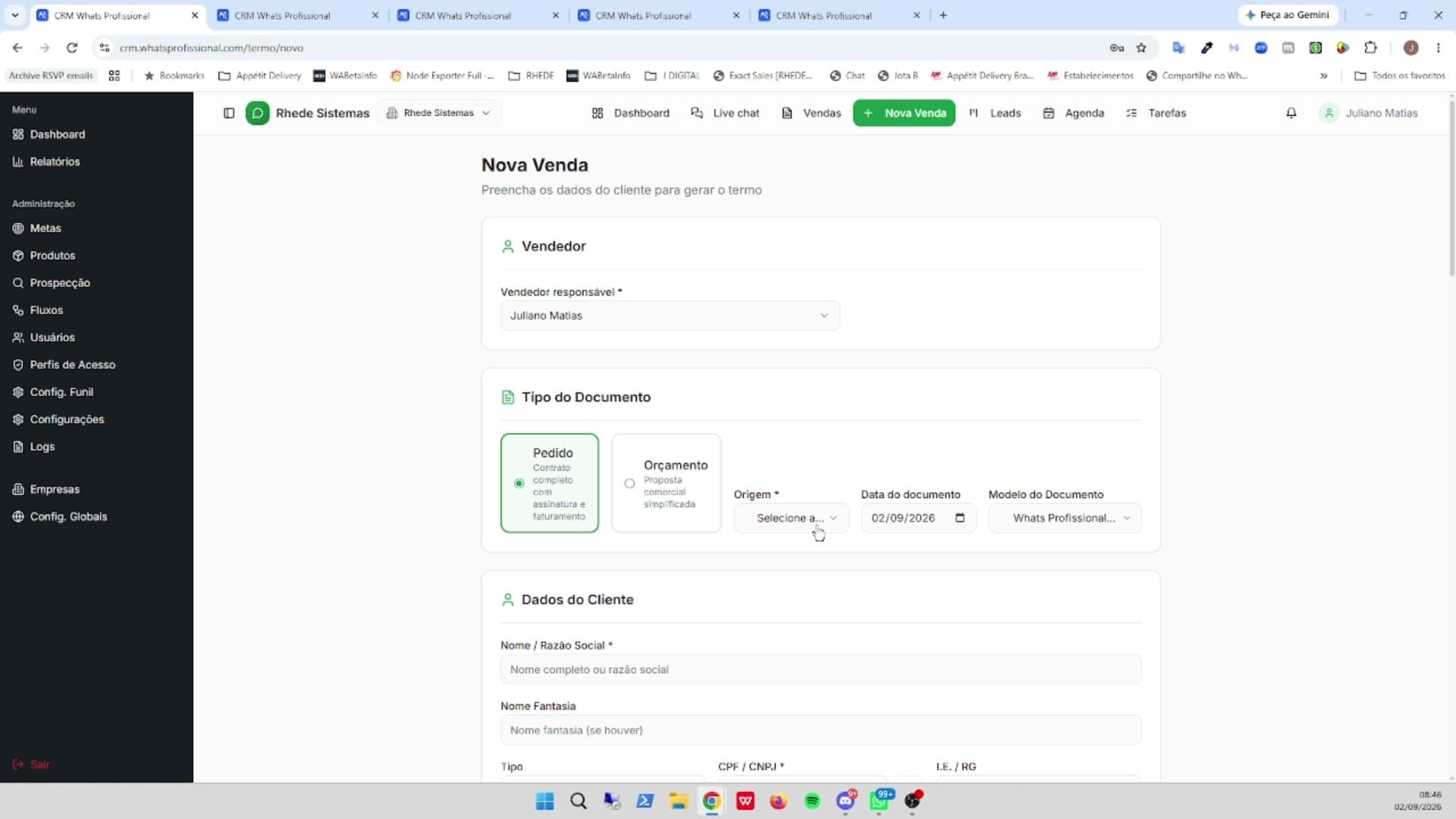 Tela de Venda, assinatura e cobrança no CRM WhatsProfissional