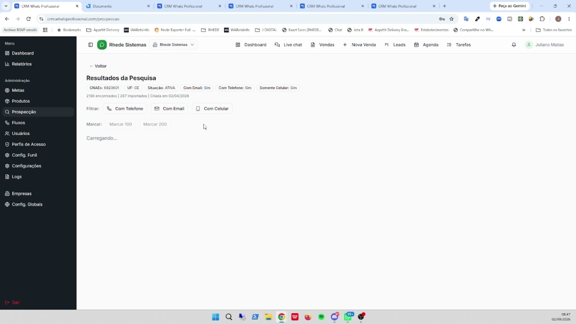 Tela de Prospecção por CNAE no CRM WhatsProfissional