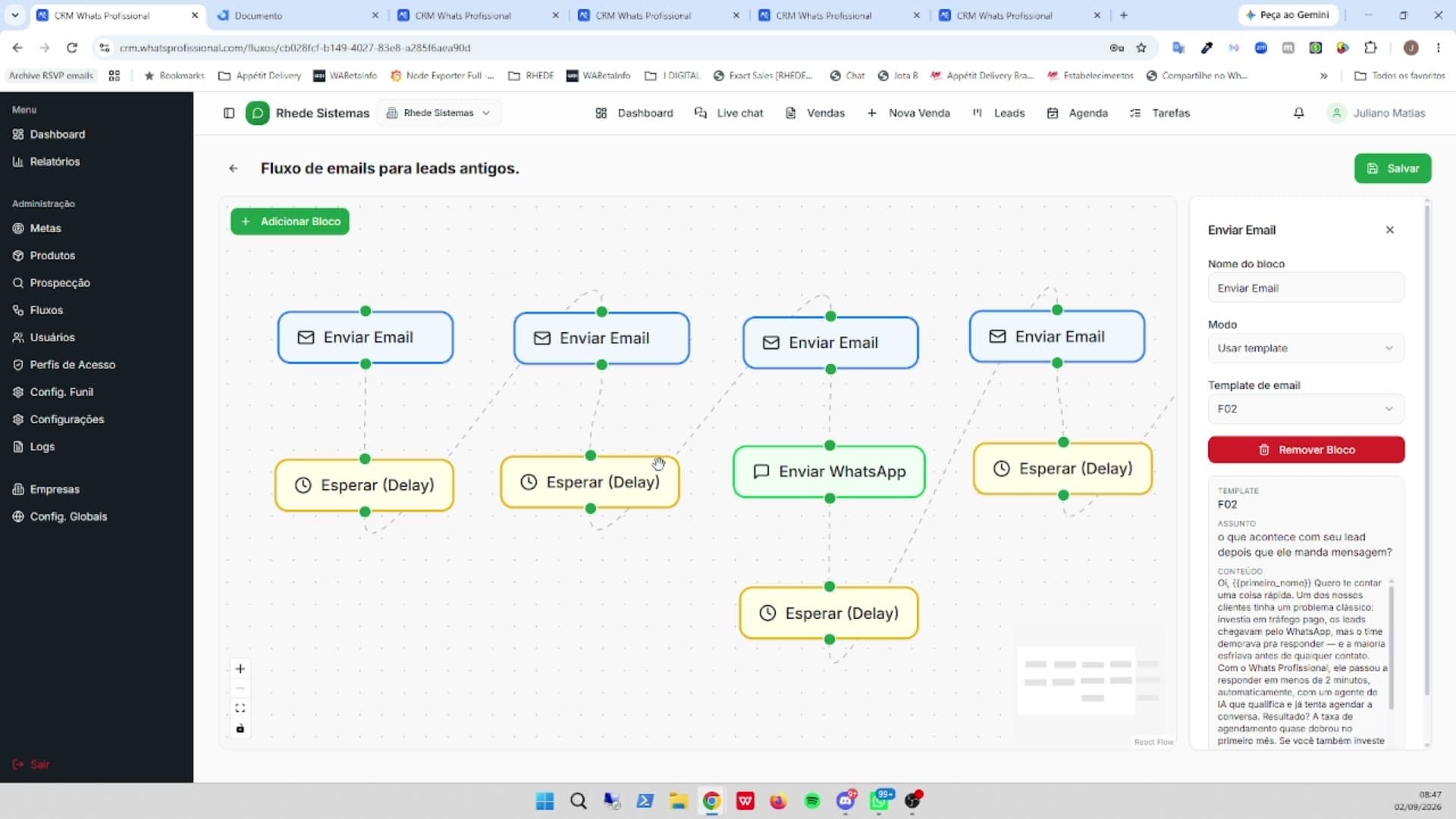 Tela de Fluxos de automação no CRM WhatsProfissional
