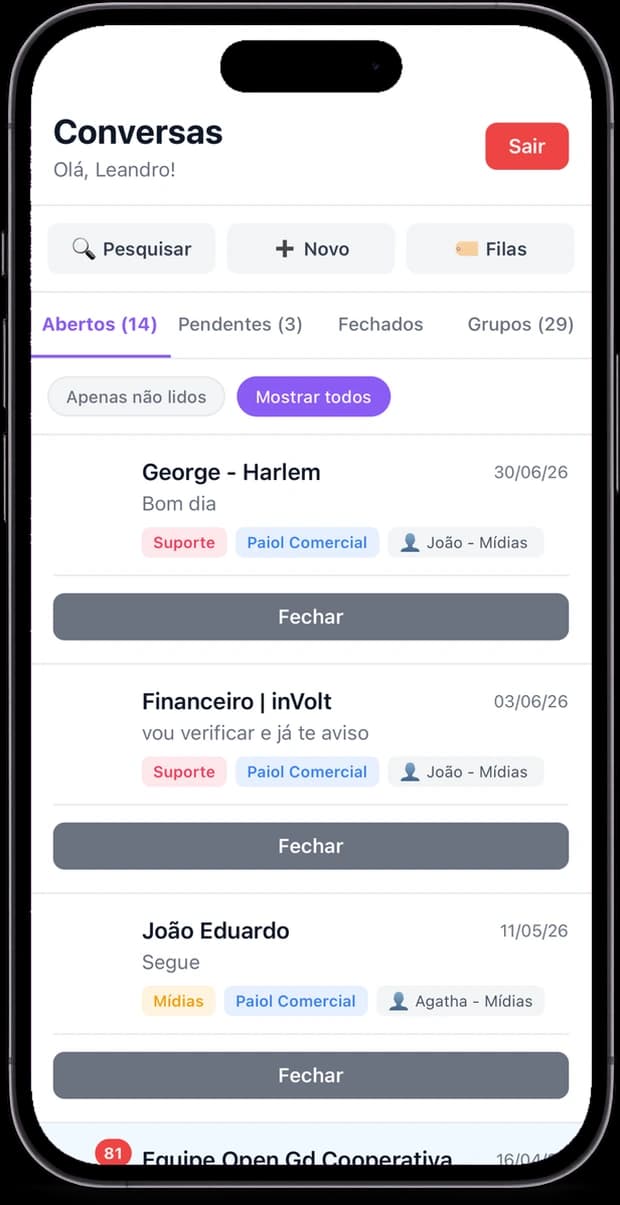 Lista de conversas do aplicativo, com filas, tags e responsável por atendimento