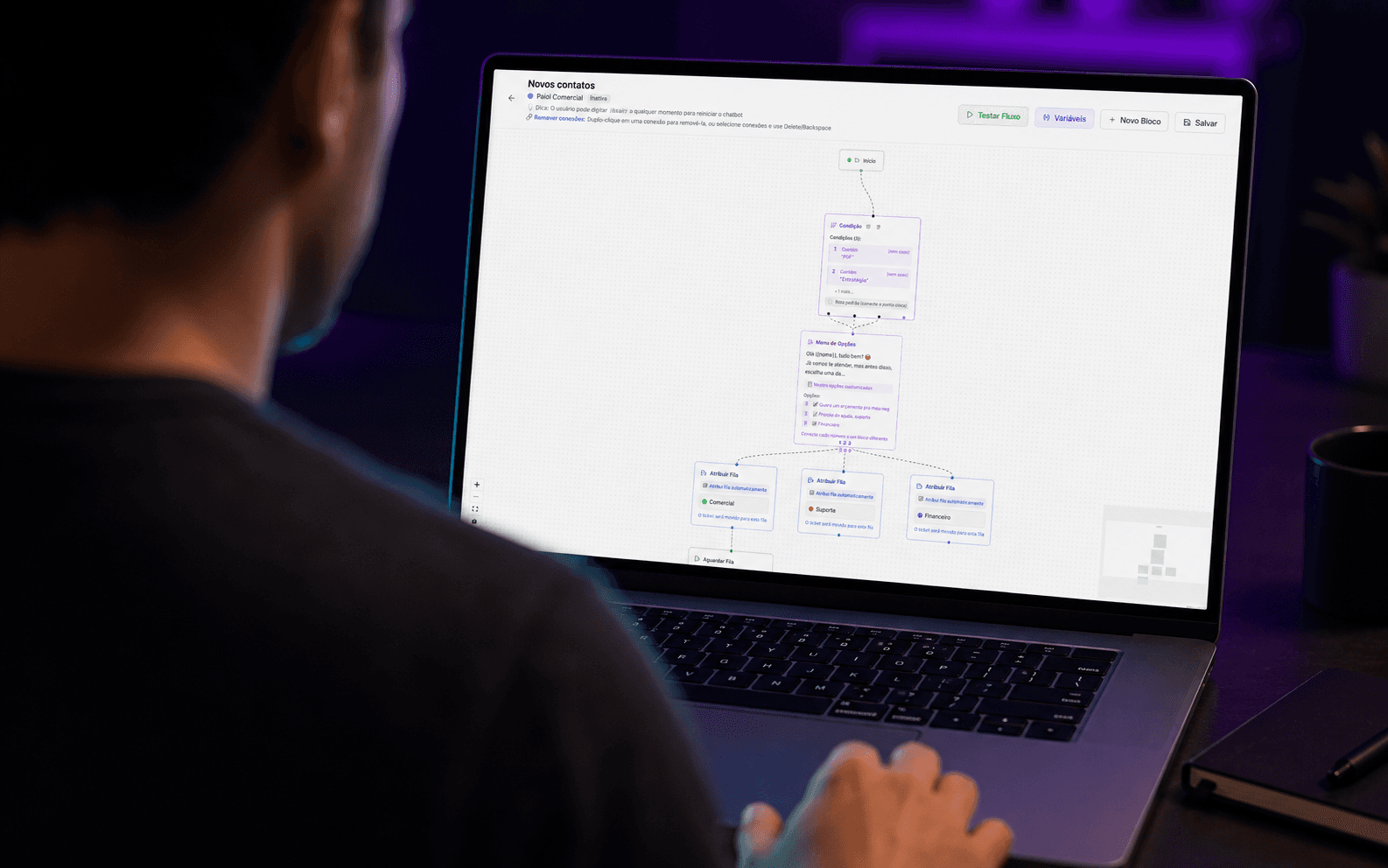 Builder visual de automação e chatbot do WhatsProfissional